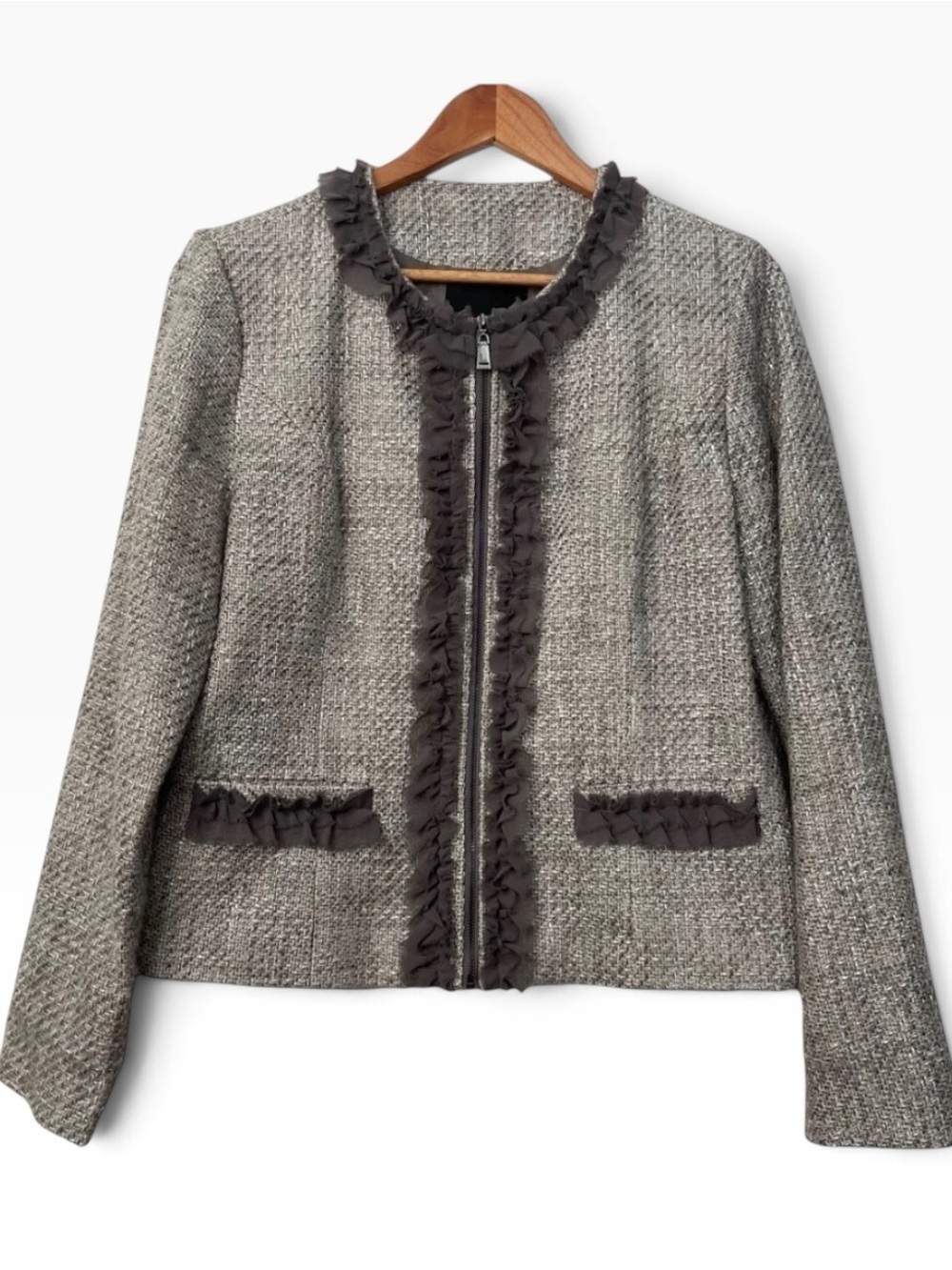 Mac & Jac blazer jacket grey/beige tweed type zip up sheer voven embellished XL